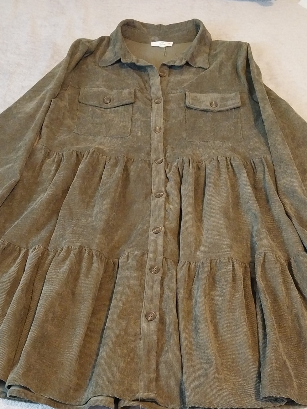 entro Olive Corduroy Tiered Shirt Dress